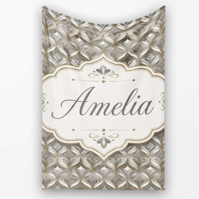 Elegant Geometric Heart Motif Pattern in Neutral Beige and Grey  Personalised Custom Name Super Soft Fleece Blanket Bed Sofa Throw