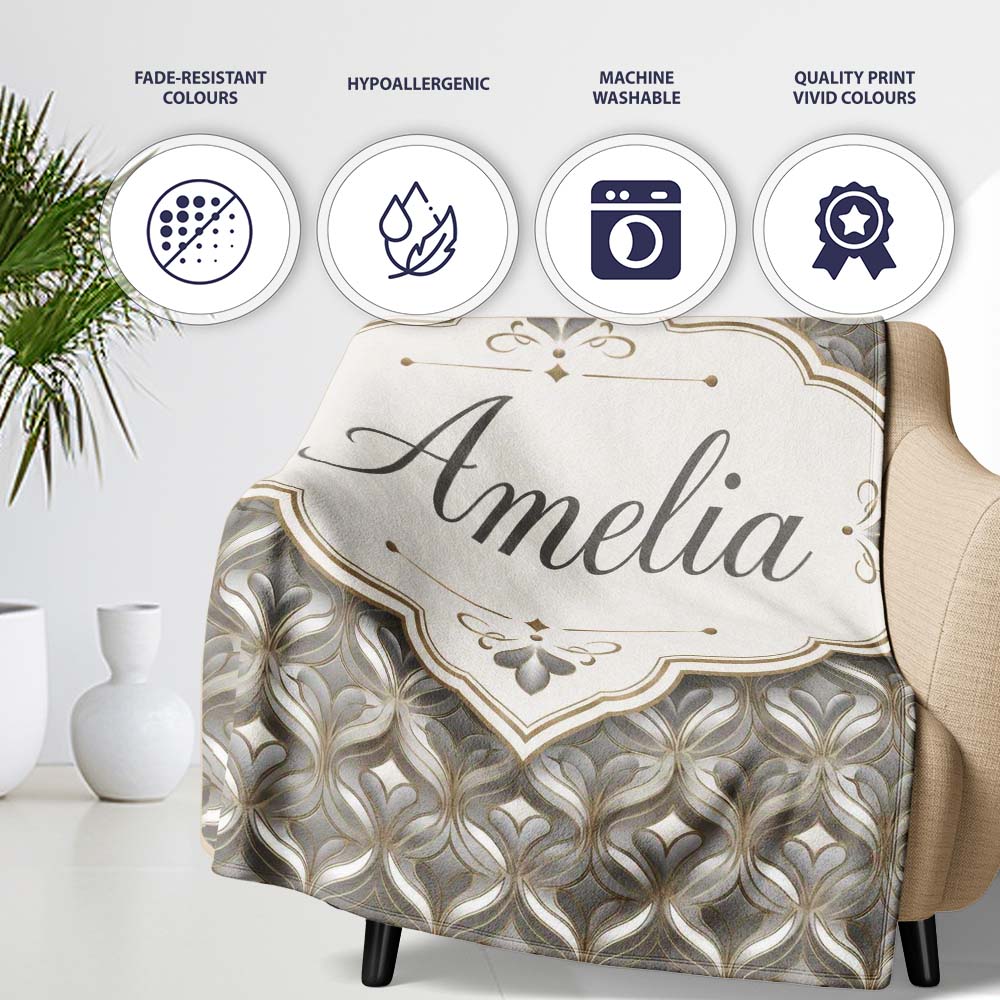 Elegant Geometric Heart Motif Pattern in Neutral Beige and Grey  Personalised Custom Name Super Soft Fleece Blanket Bed Sofa Throw