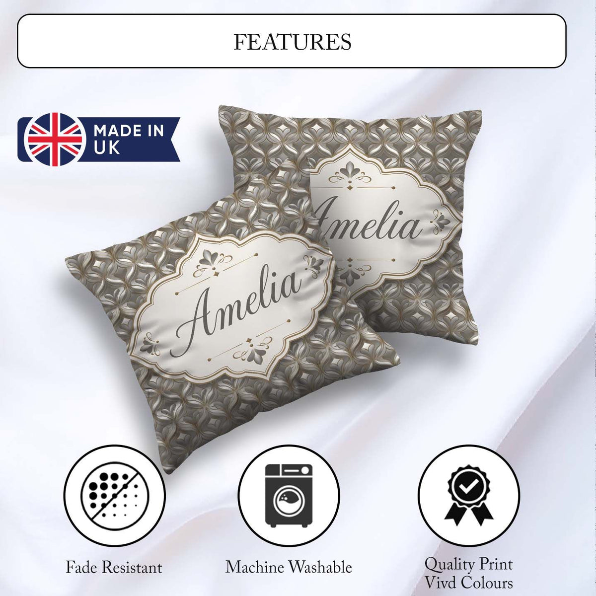 Custom Name Elegant Geometric Heart Motif Pattern in Neutral and Square Filled Cushion Throw Pillow Sofa Bed Home Decor Zip Washable UK Made