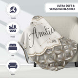 Elegant Geometric Heart Motif Pattern in Neutral Beige and Grey  Personalised Custom Name Super Soft Fleece Blanket Bed Sofa Throw