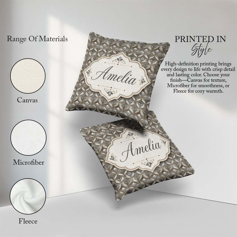 Custom Name Elegant Geometric Heart Motif Pattern in Neutral and Square Filled Cushion Throw Pillow Sofa Bed Home Decor Zip Washable UK Made