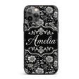 Vintage Black and White Floral Printed Design Custom Name Protective Phone Case Mobile Cover Durable Everyday Smartphone Shock Resistant