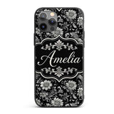 Vintage Black and White Floral Printed Design Custom Name Protective Phone Case Mobile Cover Durable Everyday Smartphone Shock Resistant