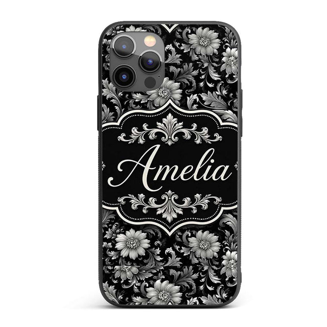 Vintage Black and White Floral Printed Design Custom Name Protective Phone Case Mobile Cover Durable Everyday Smartphone Shock Resistant