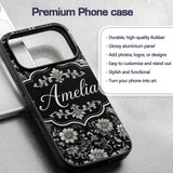 Vintage Black and White Floral Printed Design Custom Name Protective Phone Case Mobile Cover Durable Everyday Smartphone Shock Resistant