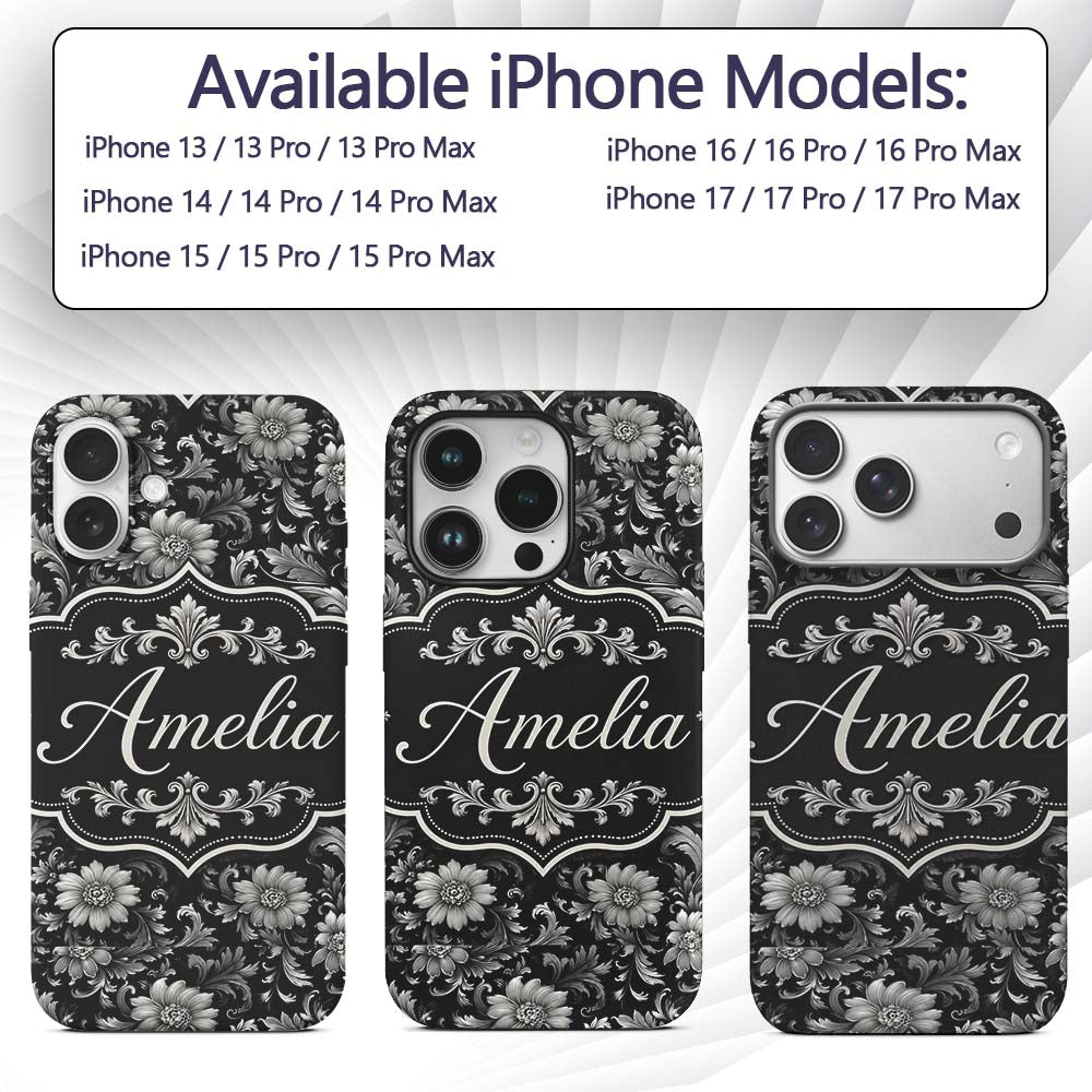 Vintage Black and White Floral Printed Design Custom Name Protective Phone Case Mobile Cover Durable Everyday Smartphone Shock Resistant