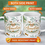 Personalized Custom Name Elegant Christmas Pine Mistletoe Baubles Bells Seamless Pattern 11oz Ceramic Coffee Tea Mug White Large Handle