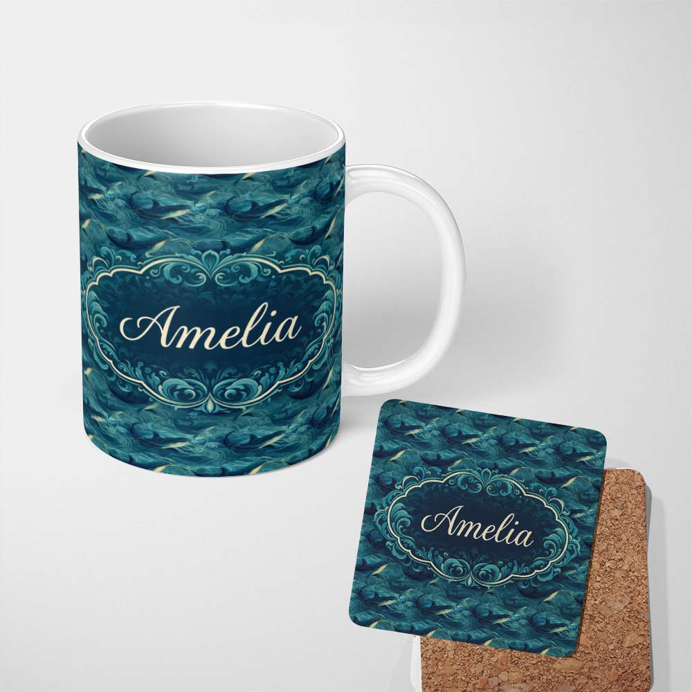 Personalized Custom Name Dark Blue Whale Wave Seamless Pattern Underwater Ocean Design Lovely 11oz Ceramic Coffee Tea Mug White Large Handle