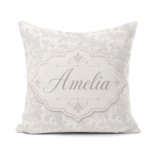 Custom Name Classic Grey Ornate Leaf Scroll with Subtle Embossed Square Filled Cushion Throw Pillow Sofa Bed Home Decor Zip Washable UK Made
