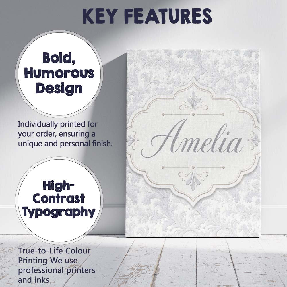 Personalised Name Classic Light Grey Ornate Custom  Bespoke Interior Contemporary Canvas Wall Art Print Decor Picture Ready to Hang