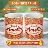 Personalized Custom Name Gold Glitter Chevron Festive Christmas Seamless Pattern Lovely 11oz Ceramic Coffee Tea Mug White Large Handle