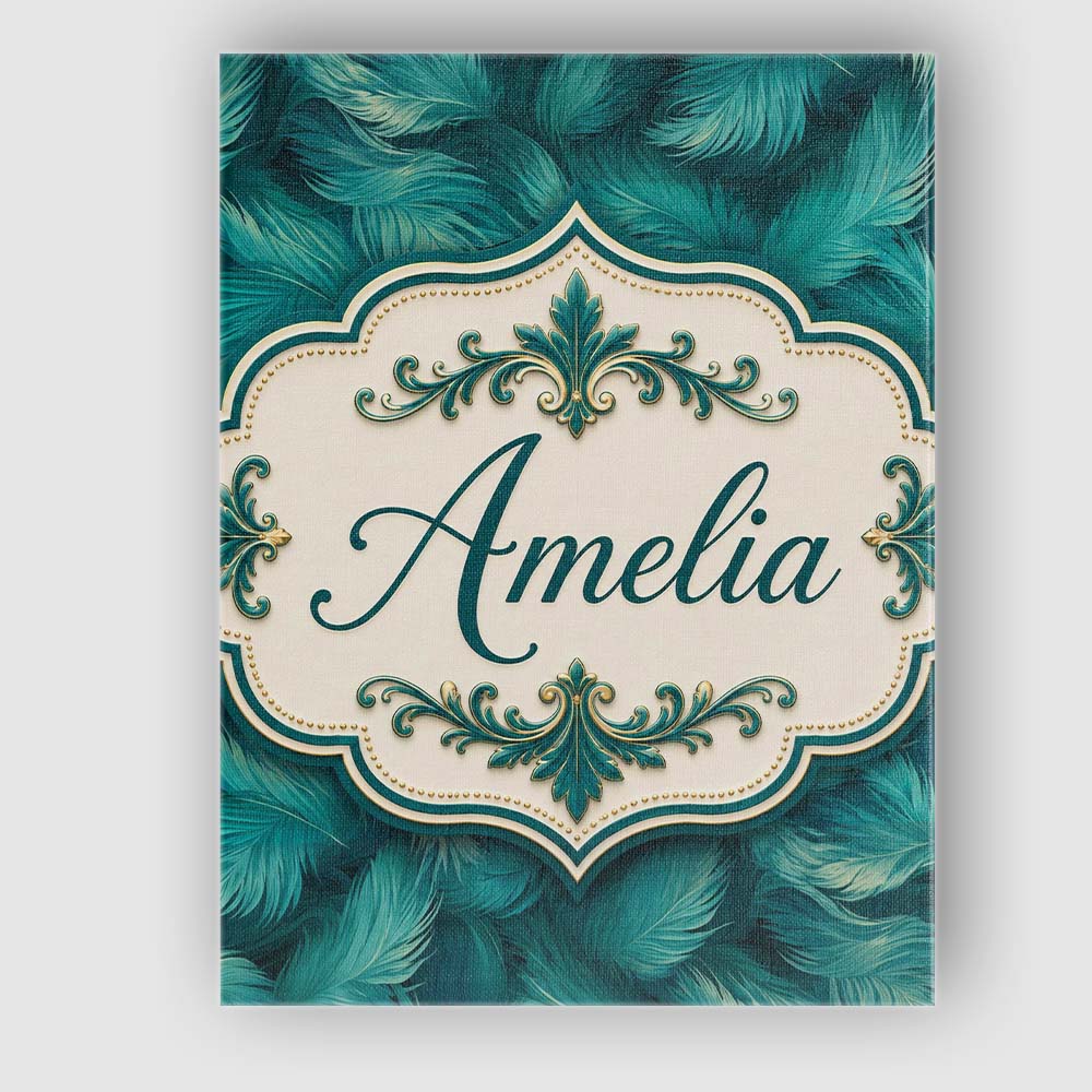 Personalised Name Rich Teal Feather Pattern Custom  Bespoke Interior Contemporary Canvas Wall Art Print Decor Picture Ready to Hang