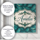 Personalised Name Rich Teal Feather Pattern Custom  Bespoke Interior Contemporary Canvas Wall Art Print Decor Picture Ready to Hang