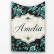 Dark Teal Floral Damask Pattern with Ornate Botanical Details Lovely  Personalised Custom Name Super Soft Fleece Blanket Bed Sofa Throw