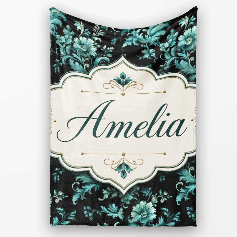 Dark Teal Floral Damask Pattern with Ornate Botanical Details Lovely  Personalised Custom Name Super Soft Fleece Blanket Bed Sofa Throw