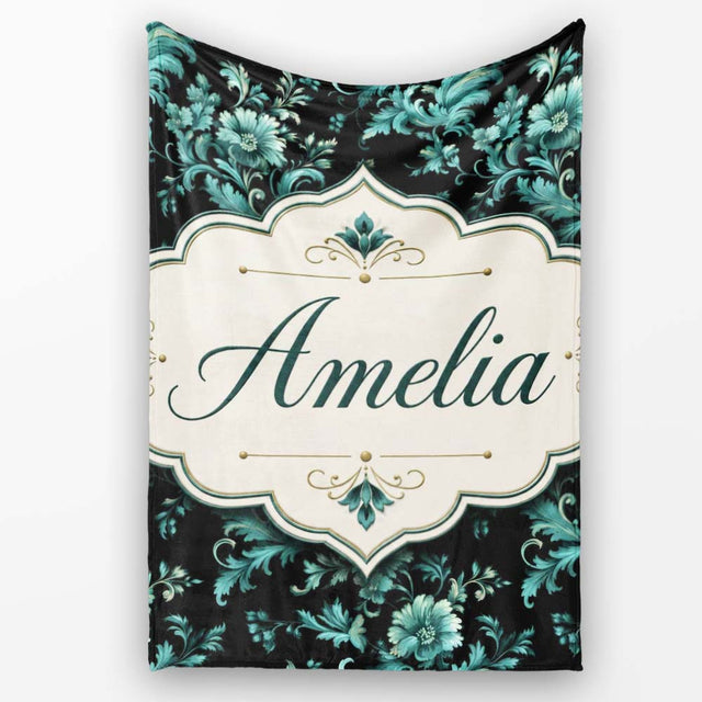 Dark Teal Floral Damask Pattern with Ornate Botanical Details Lovely  Personalised Custom Name Super Soft Fleece Blanket Bed Sofa Throw