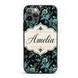 Dark Teal Floral Damask Pattern Printed Design Custom Name Protective Phone Case Mobile Cover Durable Everyday Smartphone Shock Resistant