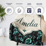 Dark Teal Floral Damask Pattern with Ornate Botanical Details Lovely  Personalised Custom Name Super Soft Fleece Blanket Bed Sofa Throw