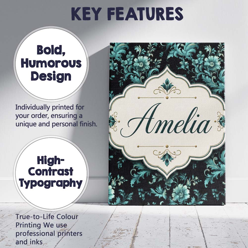 Personalised Name Dark Teal Floral Damask Custom  Unique Gift Idea Elegant Feature Canvas Wall Art Print Decor Picture Ready to Hang