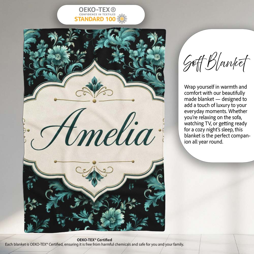 Dark Teal Floral Damask Pattern with Ornate Botanical Details Lovely  Personalised Custom Name Super Soft Fleece Blanket Bed Sofa Throw