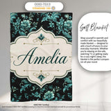 Dark Teal Floral Damask Pattern with Ornate Botanical Details Lovely  Personalised Custom Name Super Soft Fleece Blanket Bed Sofa Throw