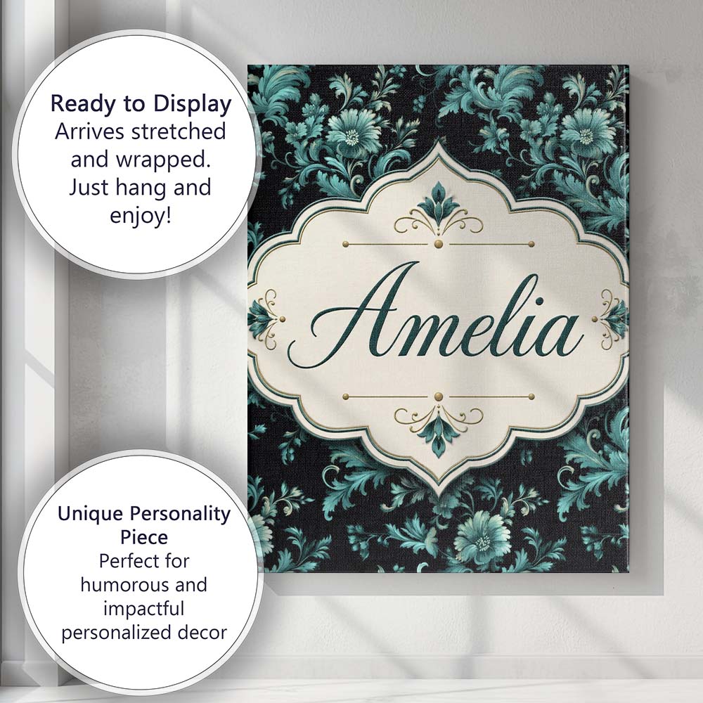 Personalised Name Dark Teal Floral Damask Custom  Unique Gift Idea Elegant Feature Canvas Wall Art Print Decor Picture Ready to Hang