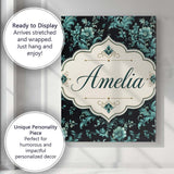 Personalised Name Dark Teal Floral Damask Custom  Unique Gift Idea Elegant Feature Canvas Wall Art Print Decor Picture Ready to Hang