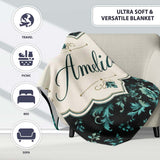 Dark Teal Floral Damask Pattern with Ornate Botanical Details Lovely  Personalised Custom Name Super Soft Fleece Blanket Bed Sofa Throw