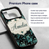 Dark Teal Floral Damask Pattern Printed Design Custom Name Protective Phone Case Mobile Cover Durable Everyday Smartphone Shock Resistant