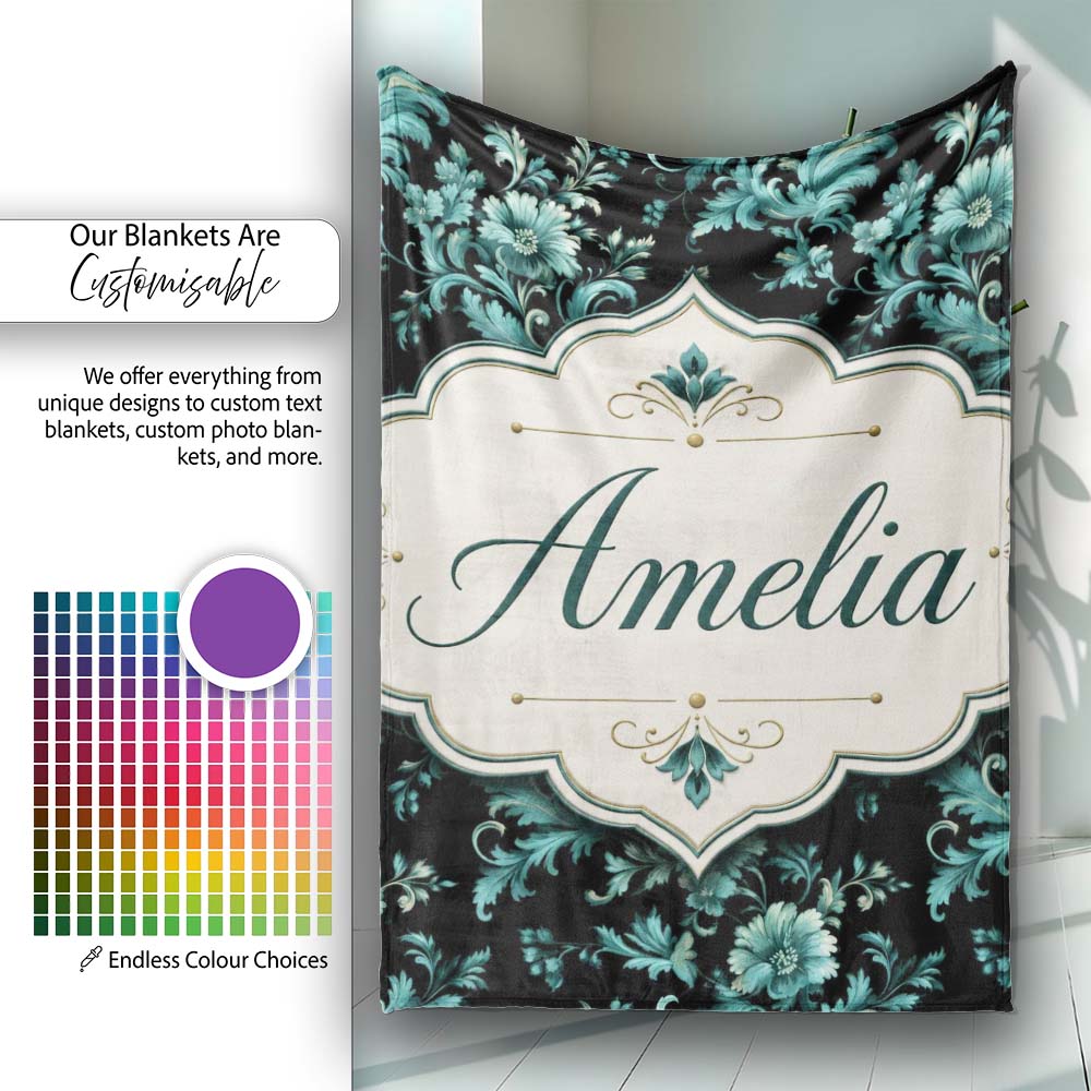 Dark Teal Floral Damask Pattern with Ornate Botanical Details Lovely  Personalised Custom Name Super Soft Fleece Blanket Bed Sofa Throw