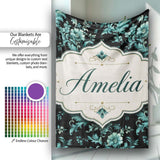 Dark Teal Floral Damask Pattern with Ornate Botanical Details Lovely  Personalised Custom Name Super Soft Fleece Blanket Bed Sofa Throw