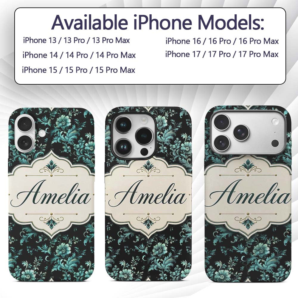 Dark Teal Floral Damask Pattern Printed Design Custom Name Protective Phone Case Mobile Cover Durable Everyday Smartphone Shock Resistant