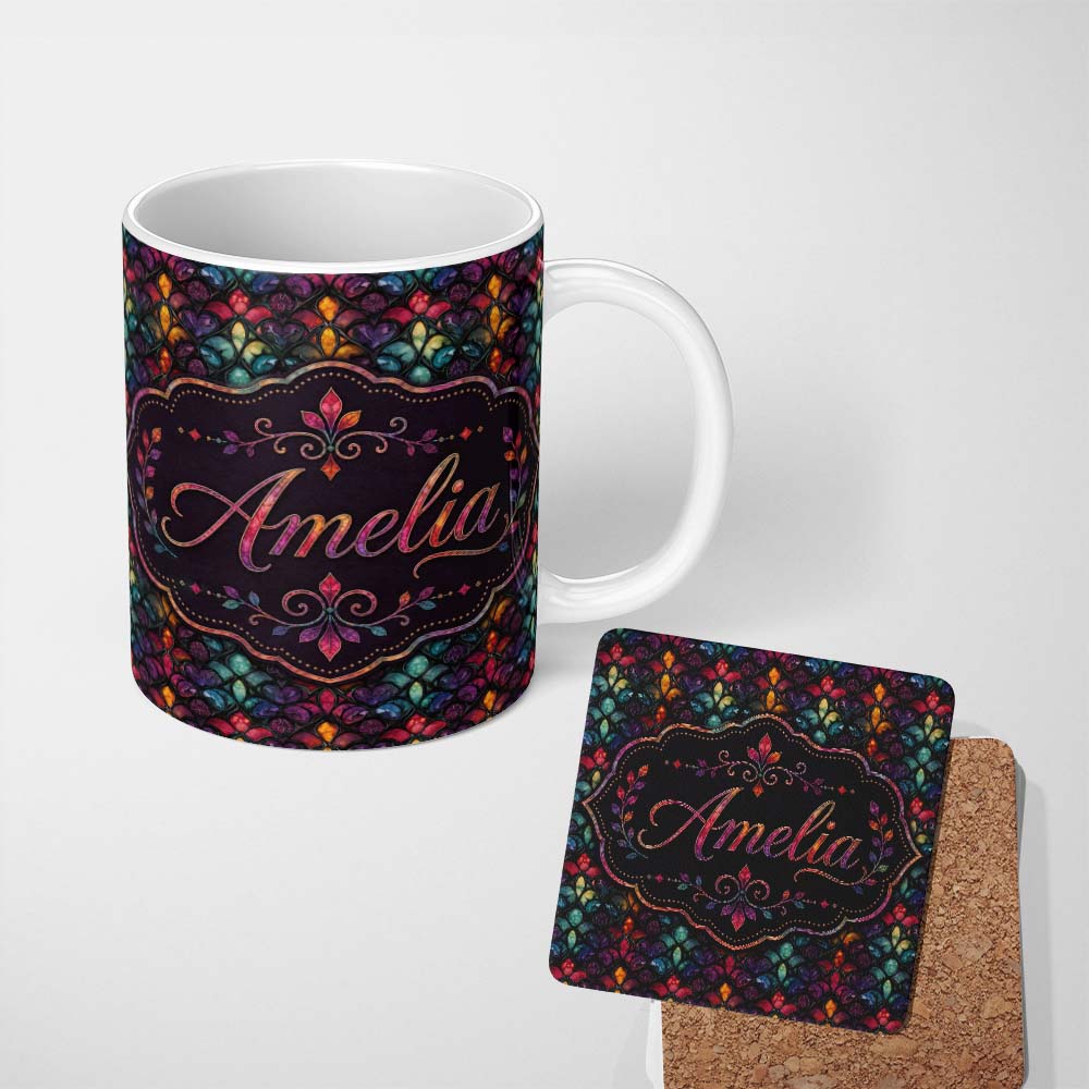 Personalized Custom Name Rich Jewel Tone Abstract Floral Tile Pattern Seamless Pattern Lovely 11oz Ceramic Coffee Tea Mug White Large Handle