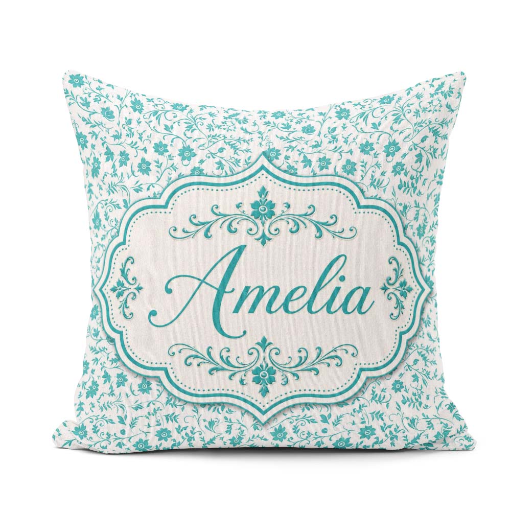 Custom Name Teal Floral Vine Pattern Delicate Botanical Seamless Square Filled Cushion Throw Pillow Sofa Bed Home Decor Zip Washable UK Made