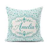 Custom Name Teal Floral Vine Pattern Delicate Botanical Seamless Square Filled Cushion Throw Pillow Sofa Bed Home Decor Zip Washable UK Made