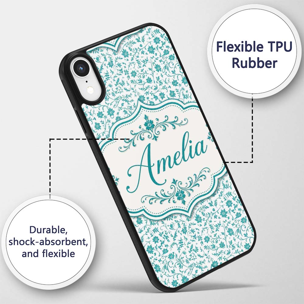 Teal Floral Vine Pattern with Delicate Botanical Custom Name Protective Phone Case Mobile Cover Durable Everyday Smartphone Shock Resistant