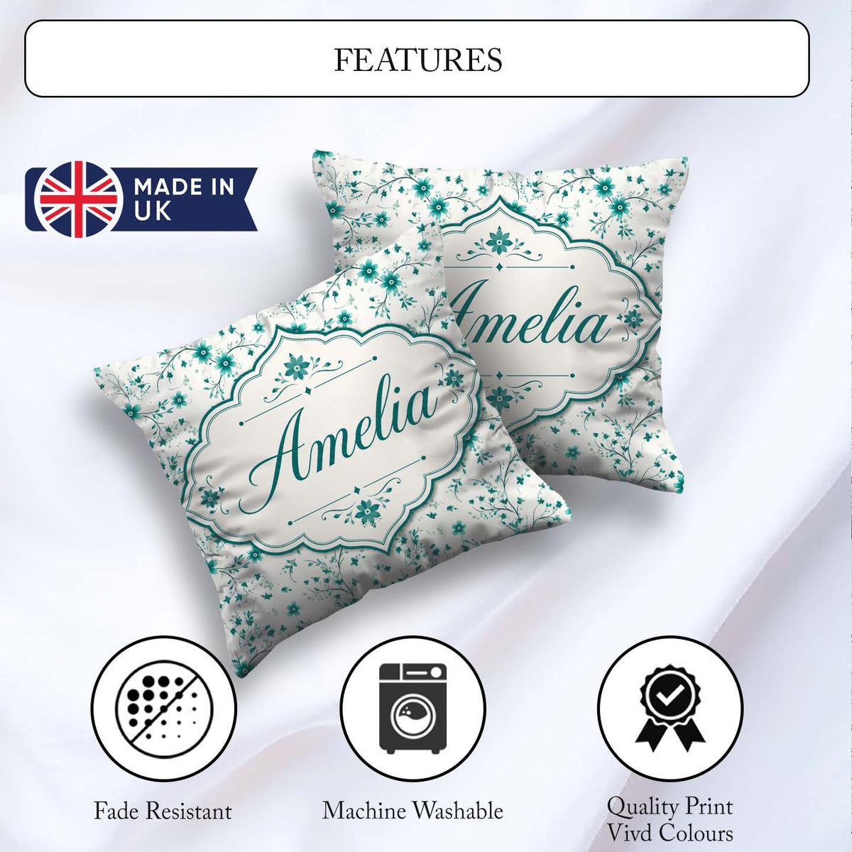 Custom Name Teal Daisy Flower with Fine Botanical Stems Seamless Square Filled Cushion Throw Pillow Sofa Bed Home Decor Zip Washable UK Made