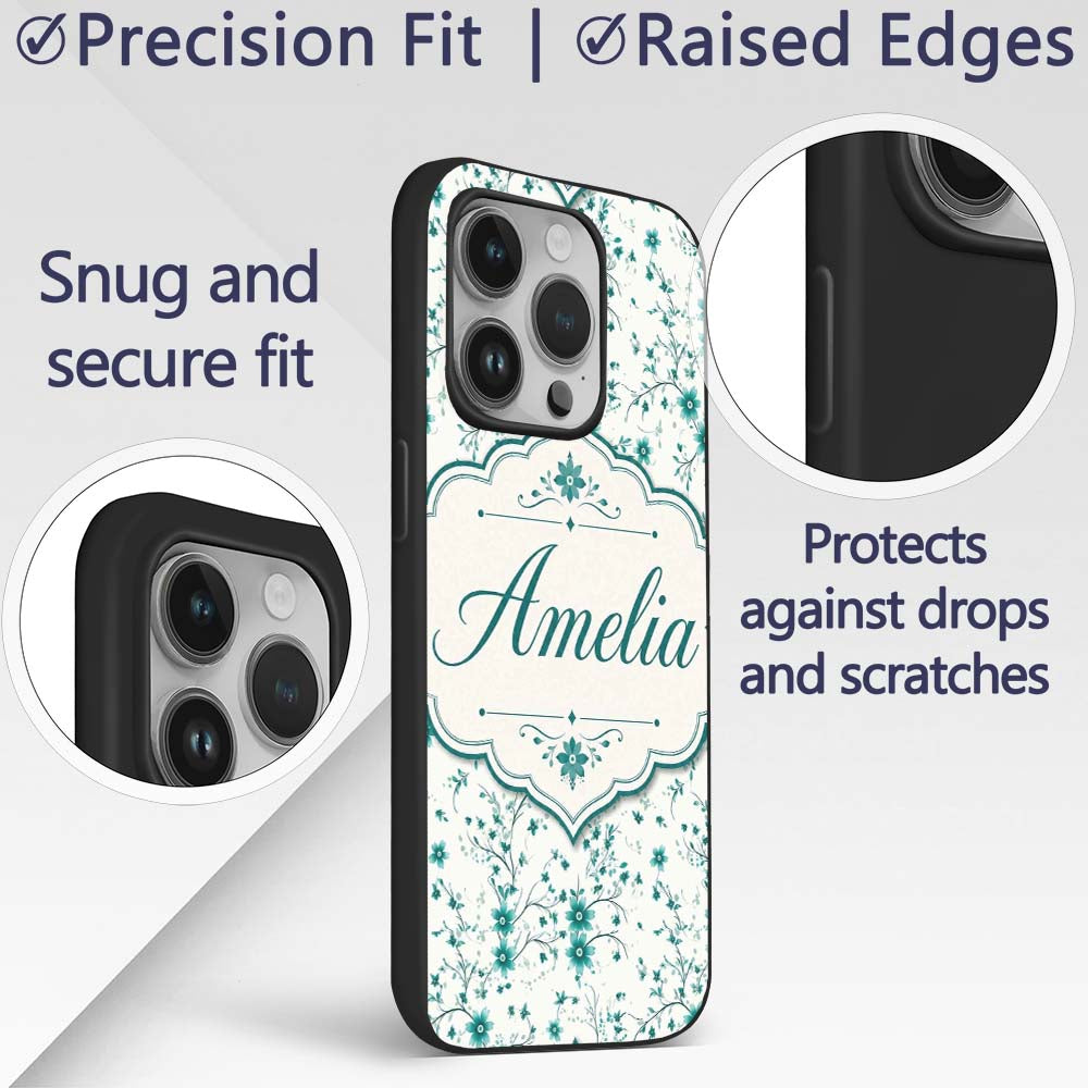 Teal Daisy Flower Pattern with Fine Botanical Custom Name Protective Phone Case Mobile Cover Durable Everyday Smartphone Shock Resistant