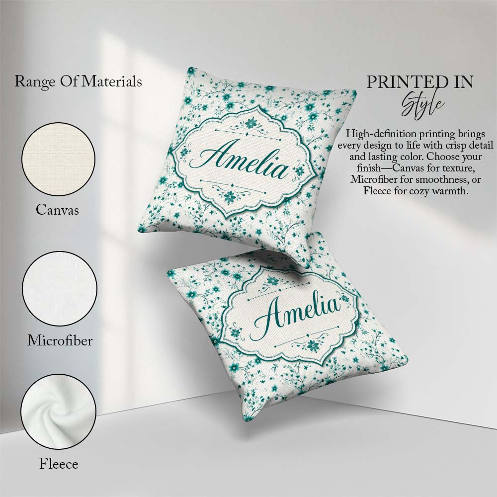 Custom Name Teal Daisy Flower with Fine Botanical Stems Seamless Square Filled Cushion Throw Pillow Sofa Bed Home Decor Zip Washable UK Made