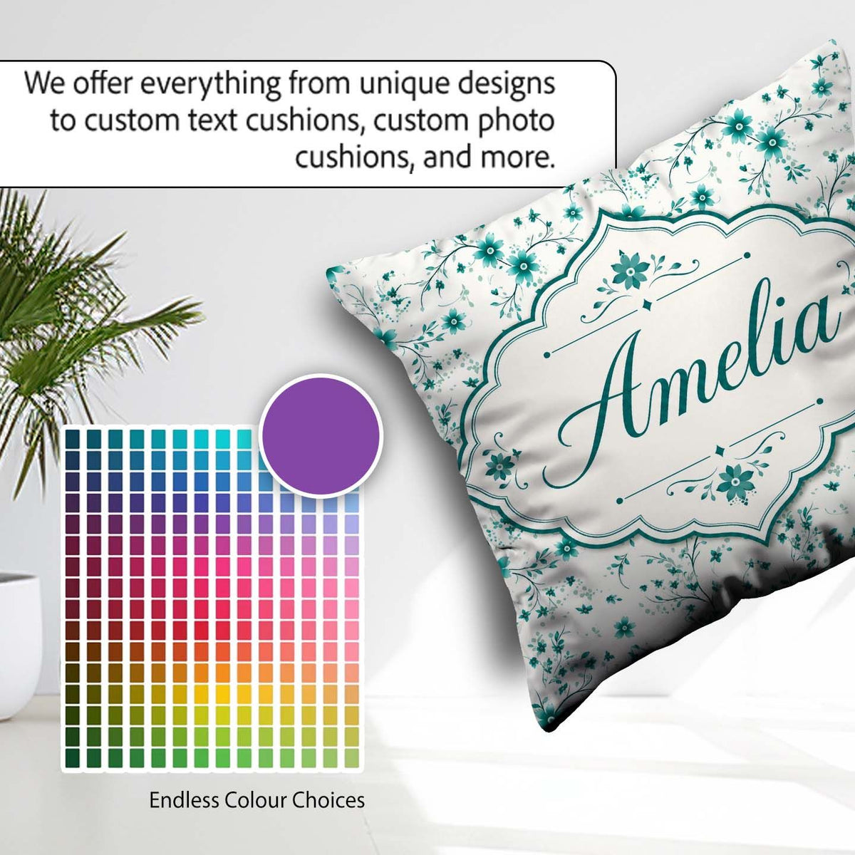 Custom Name Teal Daisy Flower with Fine Botanical Stems Seamless Square Filled Cushion Throw Pillow Sofa Bed Home Decor Zip Washable UK Made