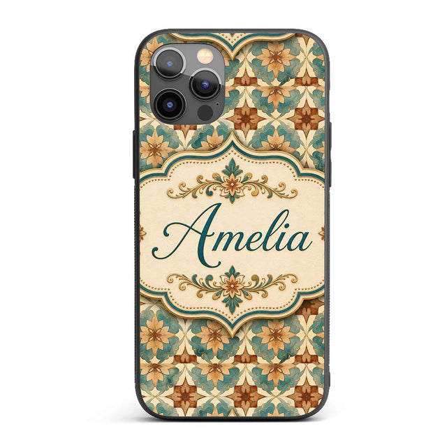 Vintage Teal and Brown Floral Tile Pattern with Custom Name Protective Phone Case Mobile Cover Durable Everyday Smartphone Shock Resistant
