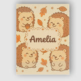Personalised Name Cute Hedgehog Autumn Cartoon Animal Pattern Custom Contemporary Display Canvas Wall Art Print Decor Picture Ready to Hang
