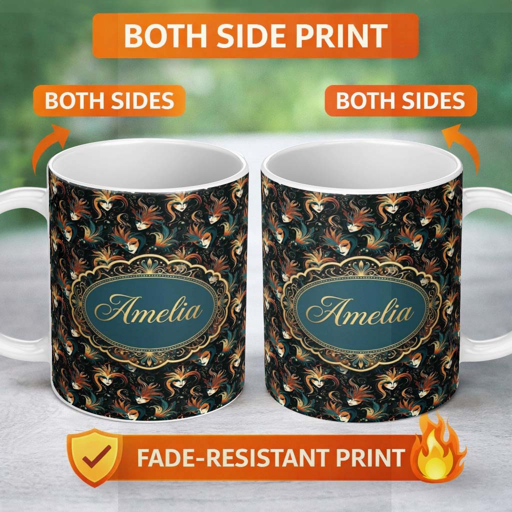 Personalized Custom Name Stylised Fantasy Mask Pattern with Flowing Hair in Warm Orange and 11oz Ceramic Coffee Tea Mug White Large Handle