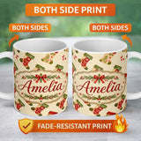 Personalized Custom Name Festive Christmas Stockings Holly Berries and Holiday Decor Seamless 11oz Ceramic Coffee Tea Mug White Large Handle