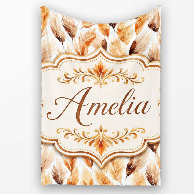 Autumn Watercolor Feather Pattern in Warm Brown and Beige Tones  Personalised Custom Name Super Soft Fleece Blanket Bed Sofa Throw