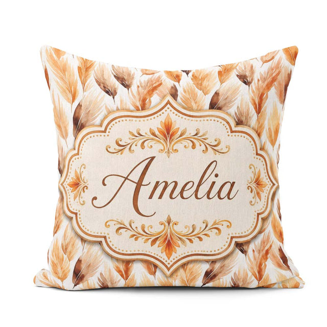 Custom Name Autumn Feather Pattern in Warm Brown and Beige Tones Square Filled Cushion Throw Pillow Sofa Bed Home Decor Zip Washable UK Made