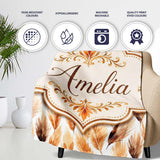 Autumn Watercolor Feather Pattern in Warm Brown and Beige Tones  Personalised Custom Name Super Soft Fleece Blanket Bed Sofa Throw