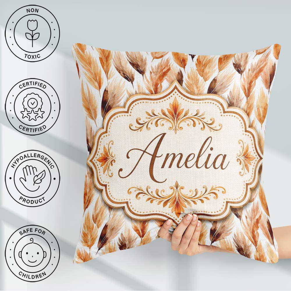 Custom Name Autumn Feather Pattern in Warm Brown and Beige Tones Square Filled Cushion Throw Pillow Sofa Bed Home Decor Zip Washable UK Made