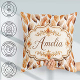 Custom Name Autumn Feather Pattern in Warm Brown and Beige Tones Square Filled Cushion Throw Pillow Sofa Bed Home Decor Zip Washable UK Made