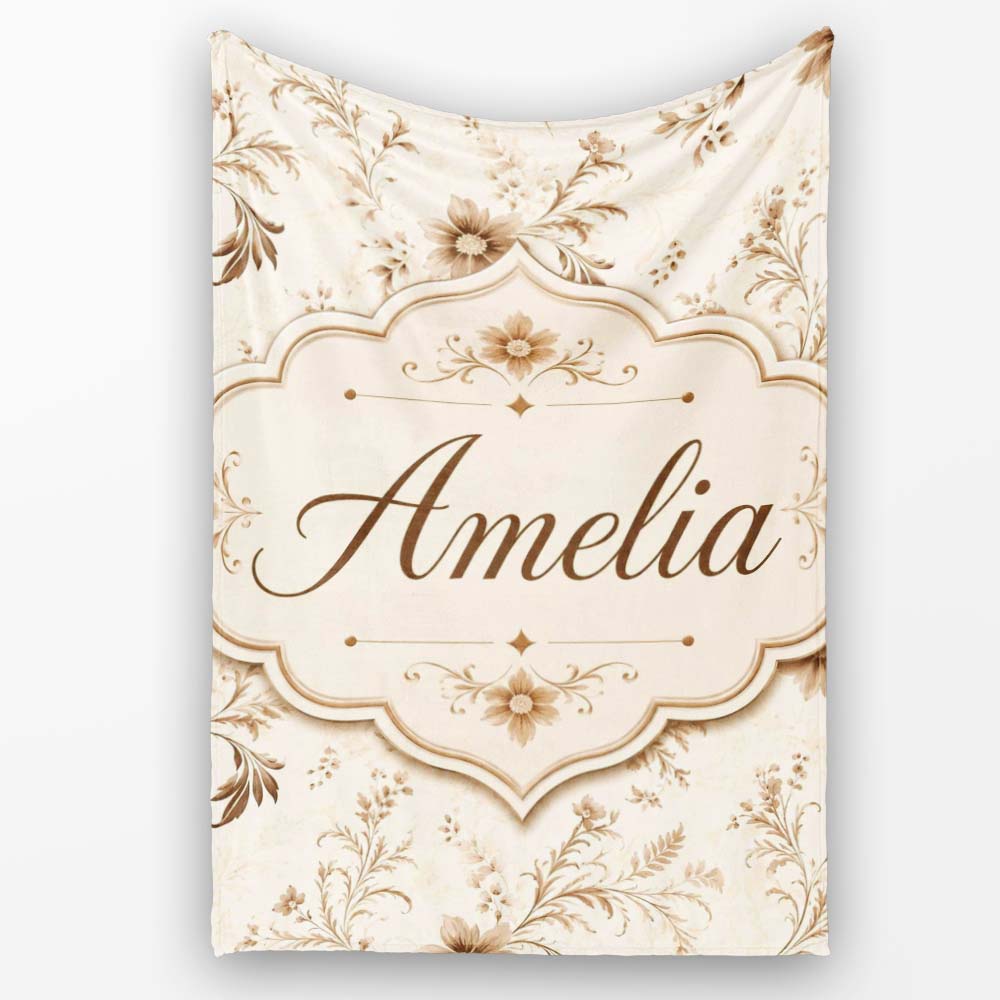 Vintage Beige Floral Pattern with Soft Botanical Sprigs Seamless  Personalised Custom Name Super Soft Fleece Blanket Bed Sofa Throw